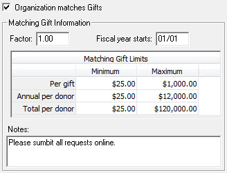Matching Gift fields Org Constituent Record