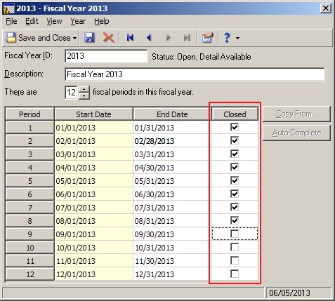We can soft close fiscal years by using the check boxes shown.