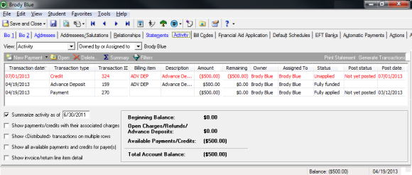 Student record with Advance Deposit generated